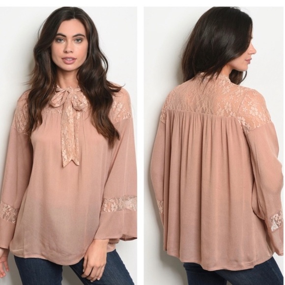 Tops - Lace Detail Blouse with Tie